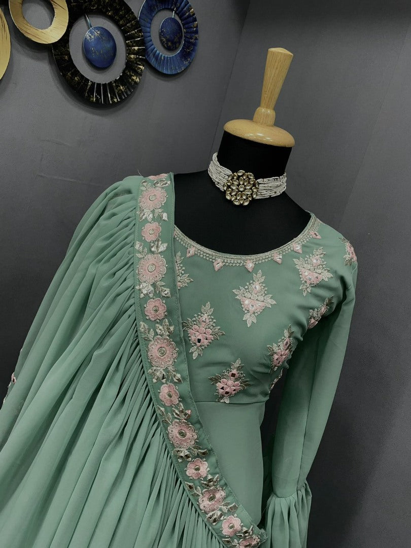 Sea green georgette embroidered indowestern gown