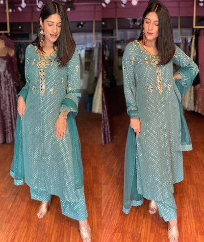 Sea green georgette embroidered with sequence work plazzo suit