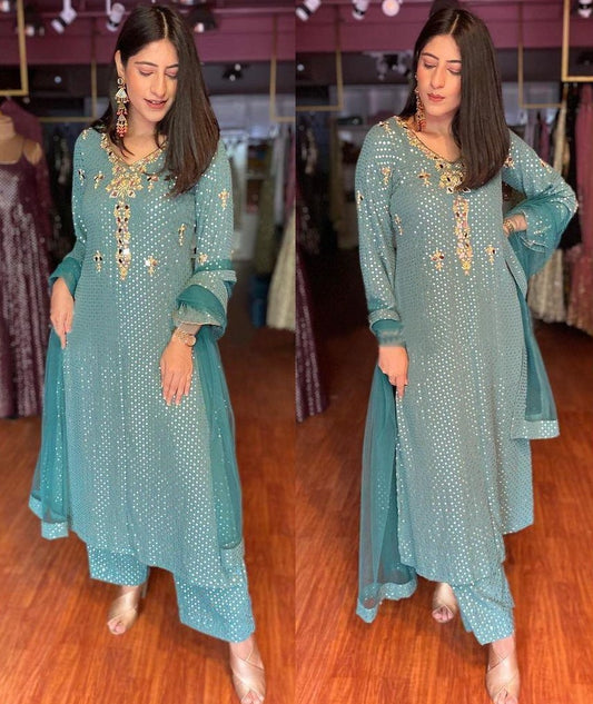 Sea green georgette embroidered with sequence work plazzo suit