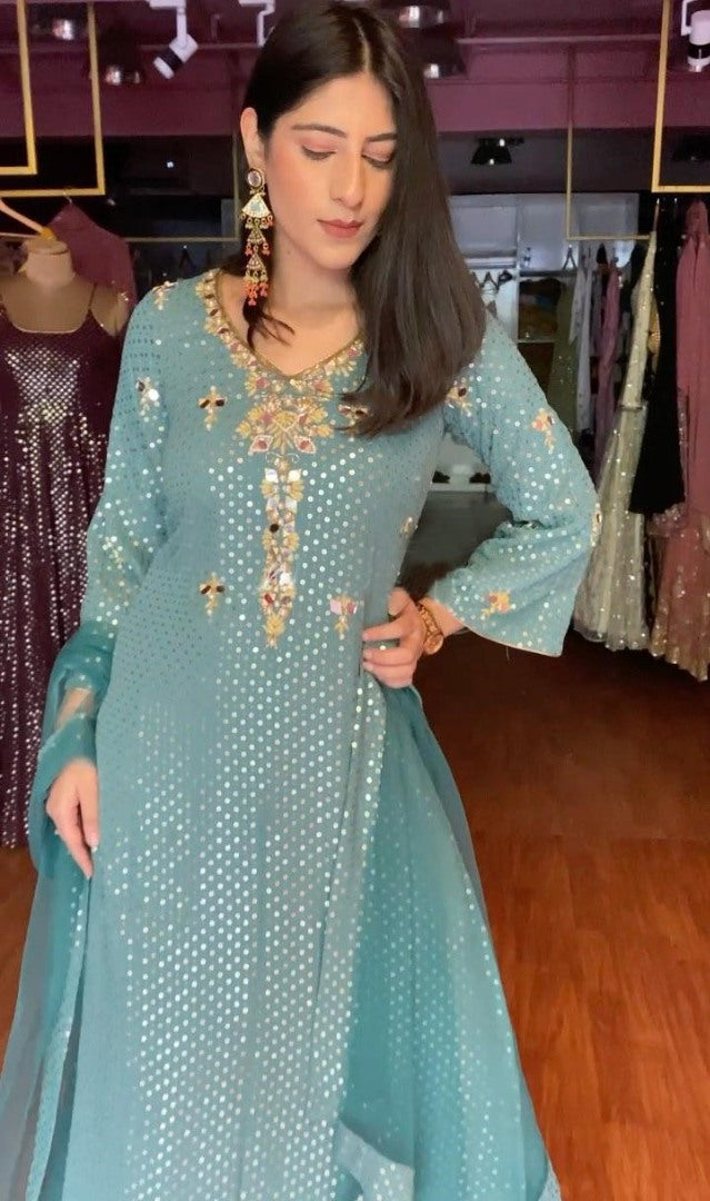 Sea green georgette embroidered with sequence work plazzo suit