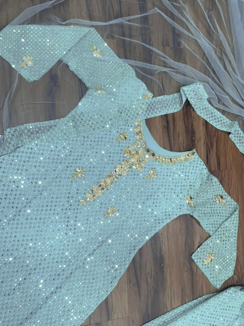 Sea green georgette embroidered with sequence work plazzo suit