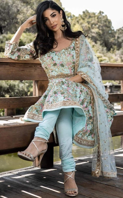 Sea green georgette embroidery sequence work salwar suit