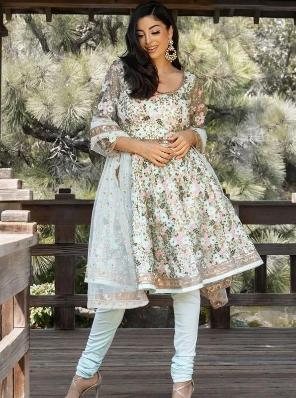 Sea green georgette embroidery sequence work salwar suit