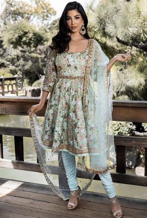 Sea green georgette embroidery sequence work salwar suit