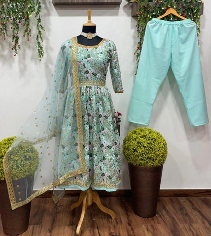Sea green georgette embroidery sequence work salwar suit