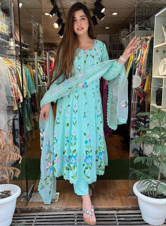 Sea green georgette floral printed anarkali suit