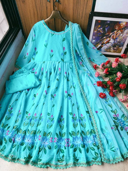 Sea green georgette floral printed anarkali suit