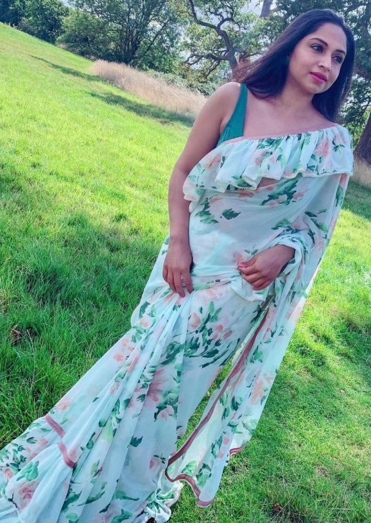 Sea green georgette floral printed ruffle saree