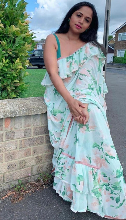 Sea green georgette floral printed ruffle saree