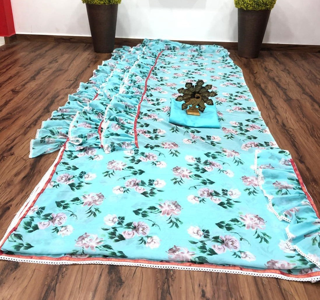 Sea green georgette floral printed ruffle saree