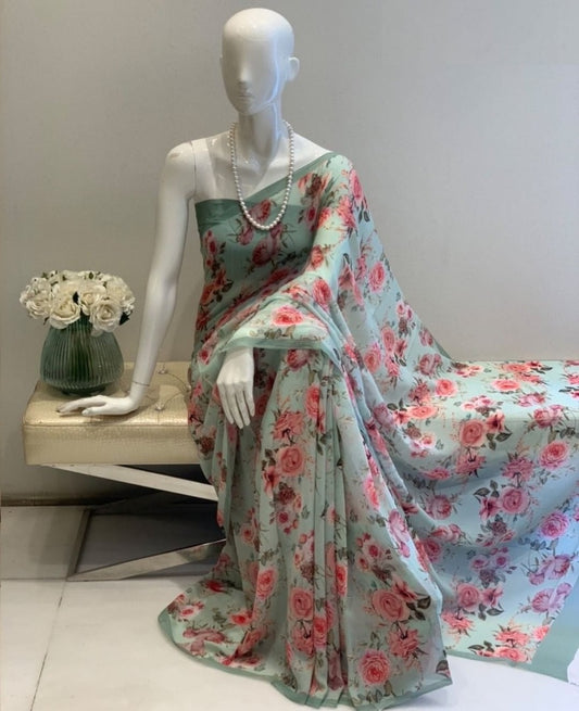 Sea green georgette floral printed saree