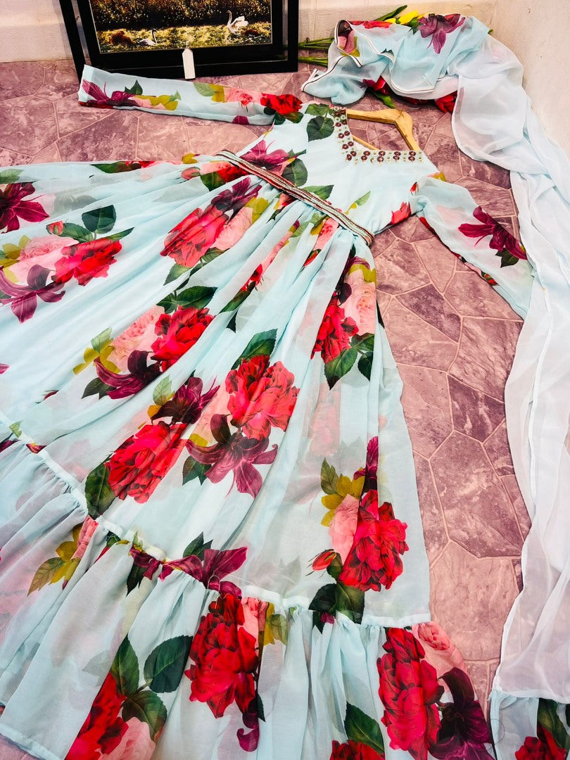 Sea green georgette flower printed long gown