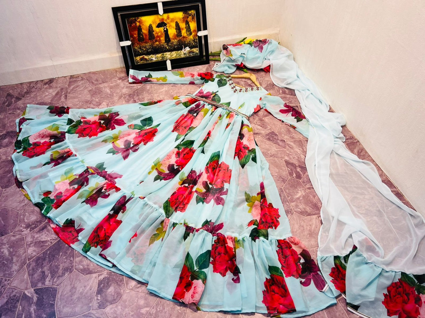 Sea green georgette flower printed long gown