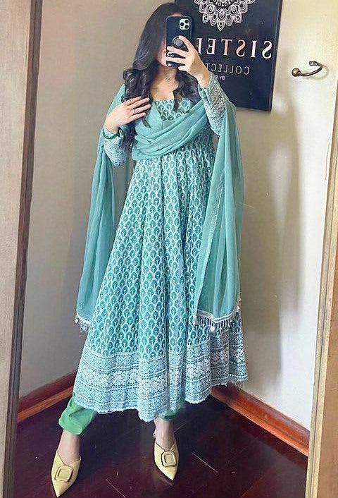 Sea green georgette heavy embroidered wedding anarkali suit