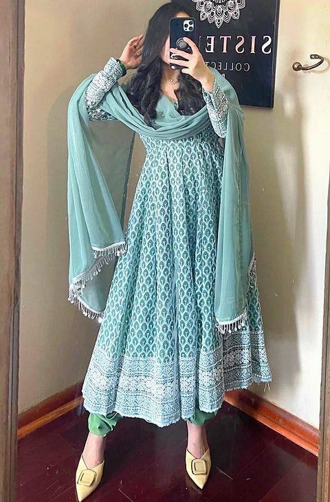 Sea green georgette heavy embroidered wedding anarkali suit