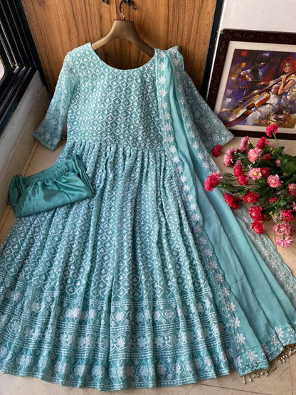 Sea green georgette heavy embroidered wedding anarkali suit