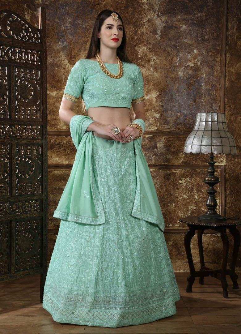 Sea green georgette heavy embroidered wedding lehenga choli