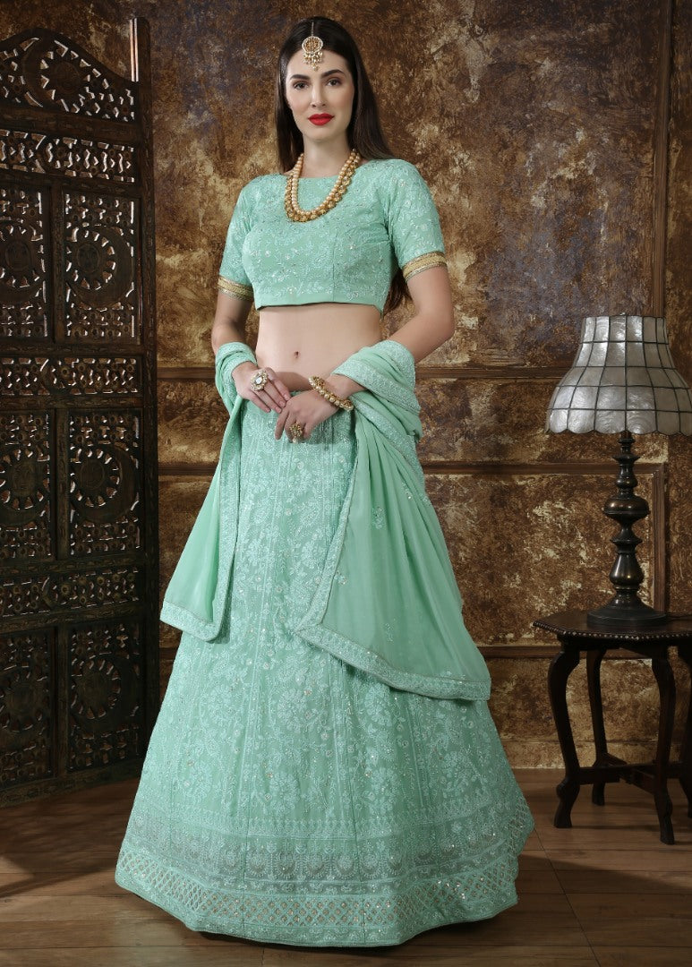 Sea green georgette heavy embroidered wedding lehenga choli