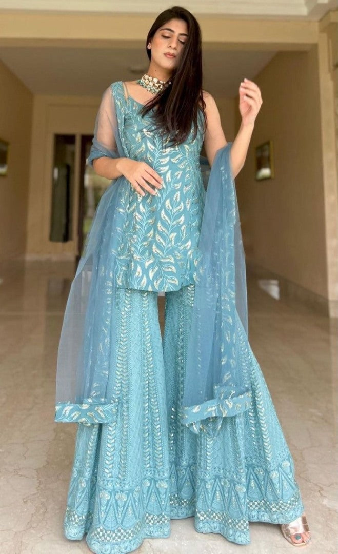 Sea green georgette heavy embroidered wedding plazzo suit