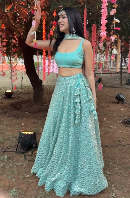 Sea green georgette heavy sequence embroidery work wedding lehenga choli