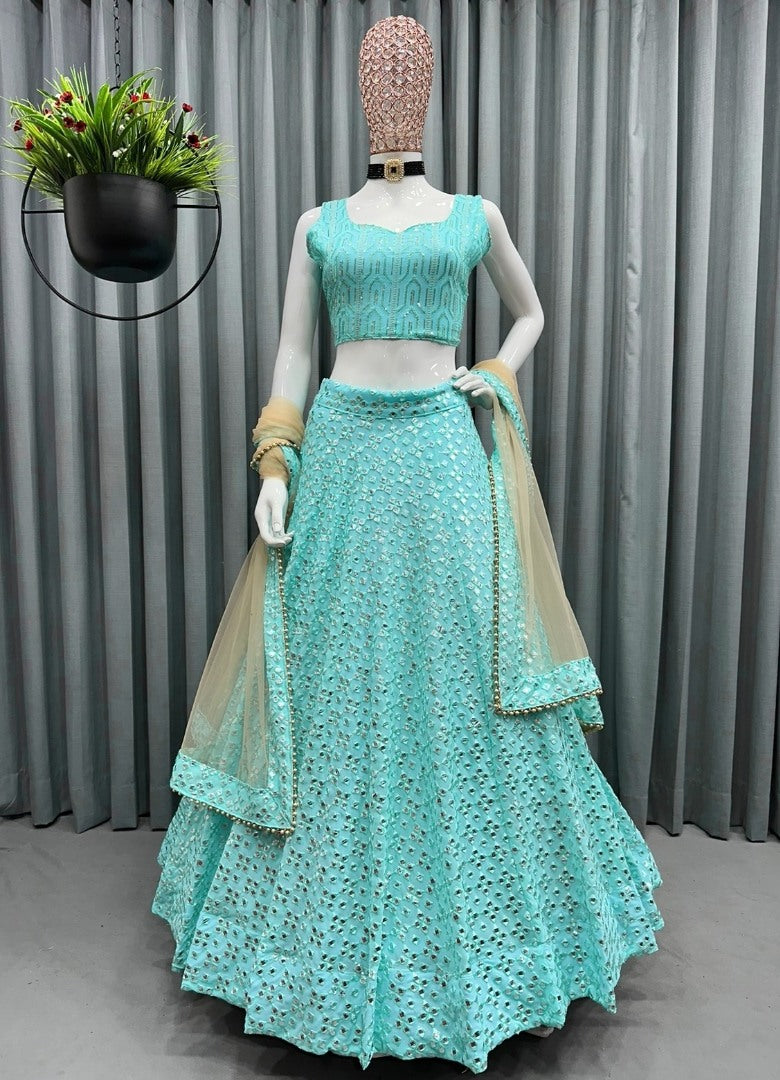 Sea green georgette heavy sequence embroidery work wedding lehenga choli
