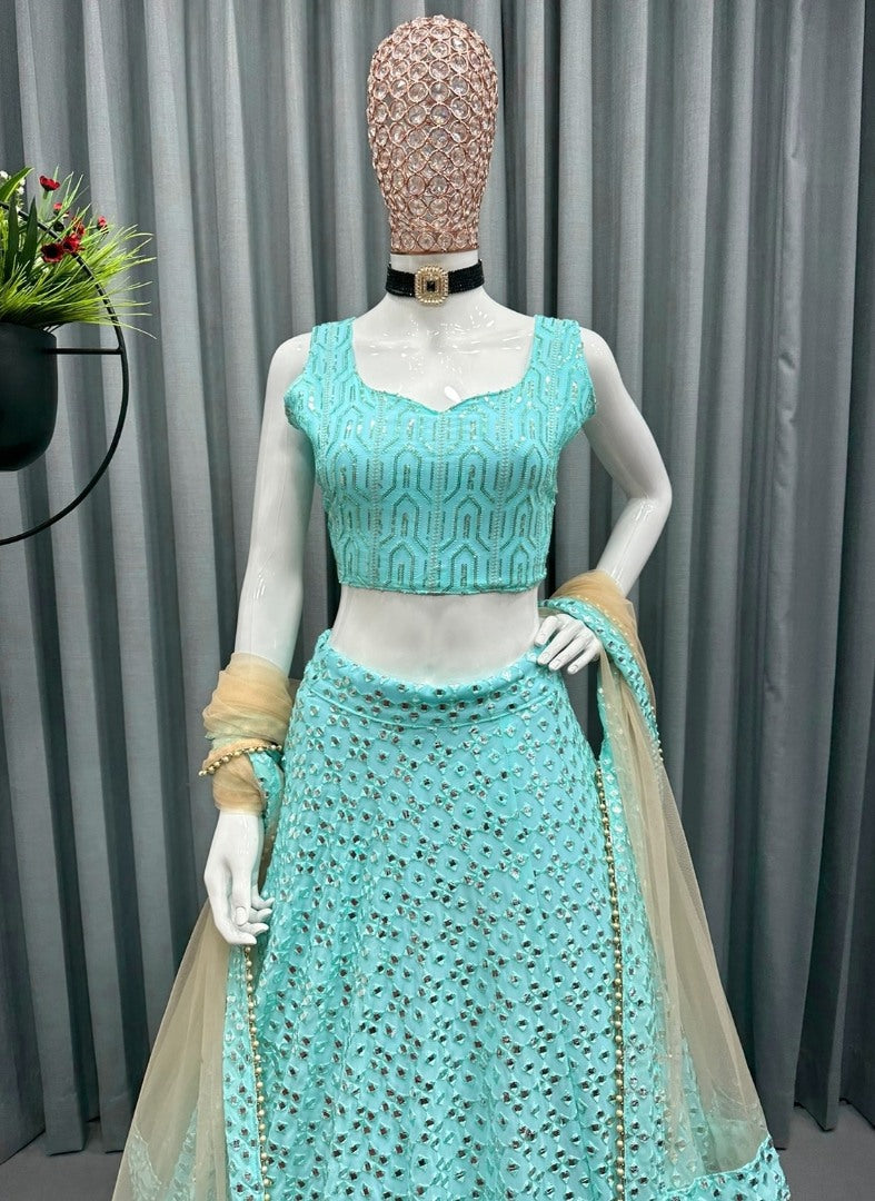 Sea green georgette heavy sequence embroidery work wedding lehenga choli