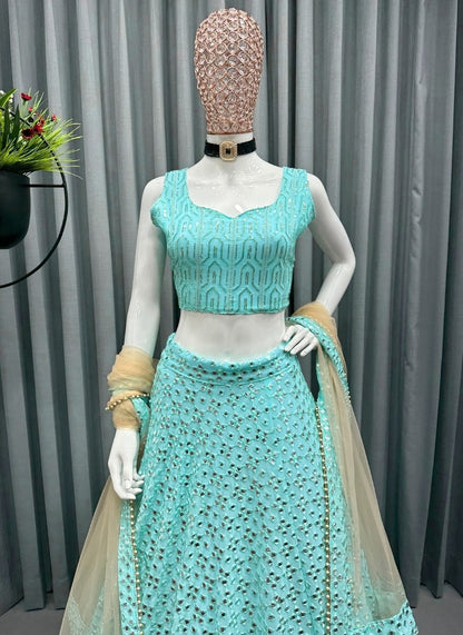 Sea green georgette heavy sequence embroidery work wedding lehenga choli