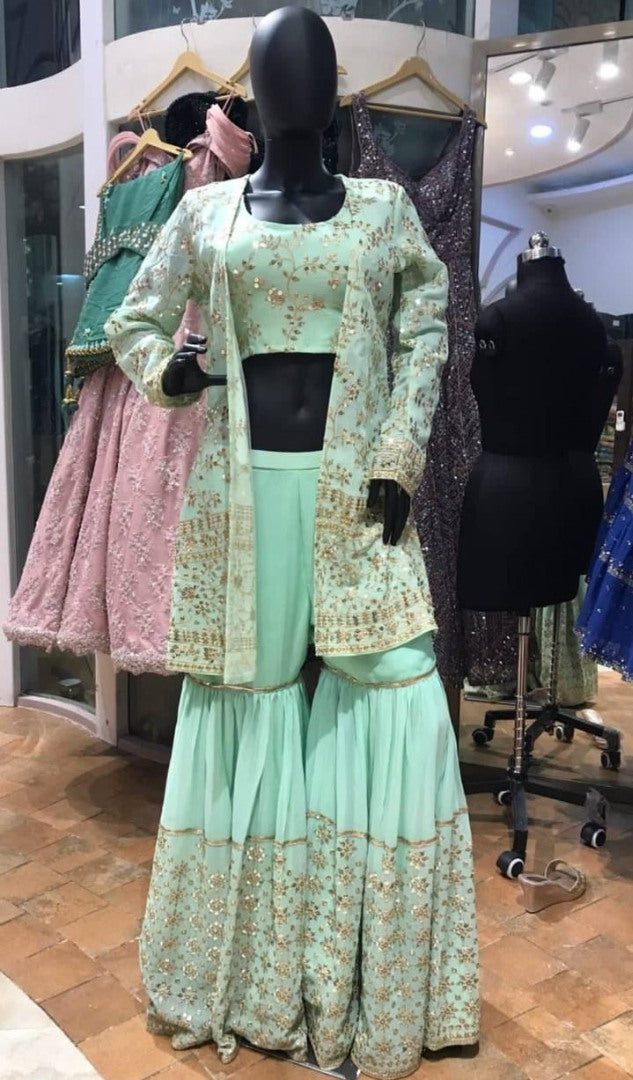 Sea green georgette heavy sequence work designer sharara suit with shrug