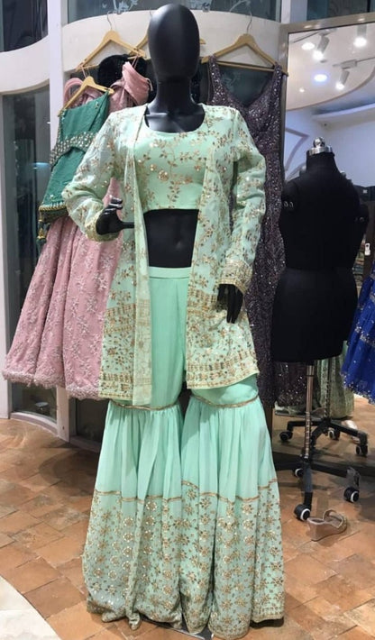 Sea green georgette heavy sequence work designer sharara suit with shrug