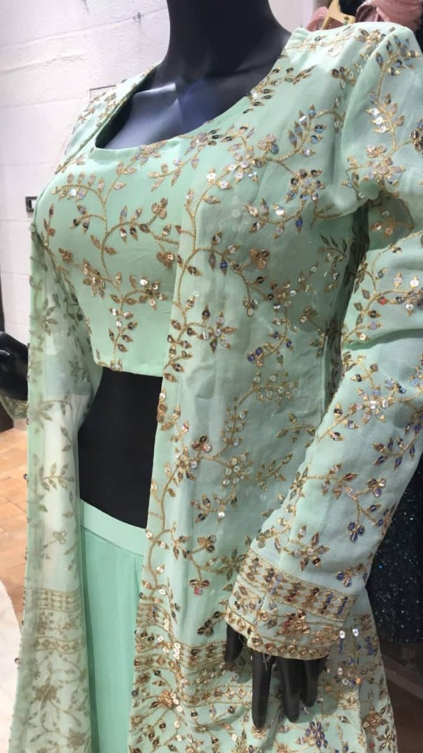 Sea green georgette heavy sequence work designer sharara suit with shrug