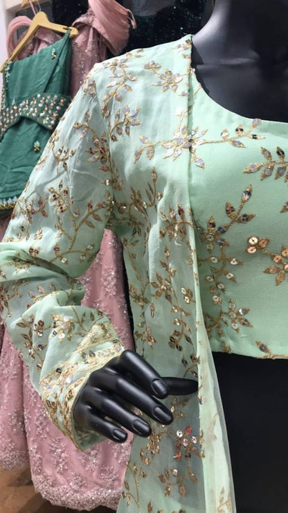 Sea green georgette heavy sequence work designer sharara suit with shrug
