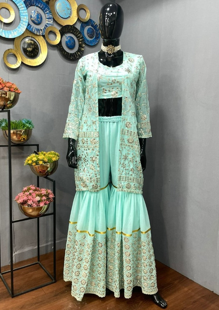 Sea green georgette heavy sequence work designer sharara suit with shrug