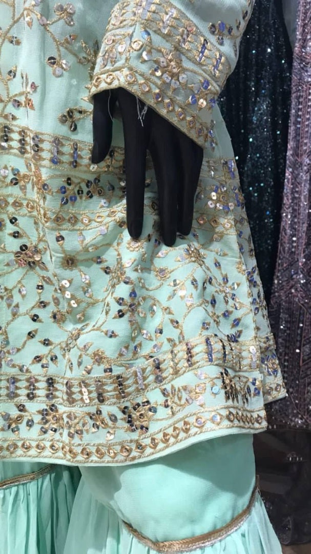 Sea green georgette heavy sequence work designer sharara suit with shrug