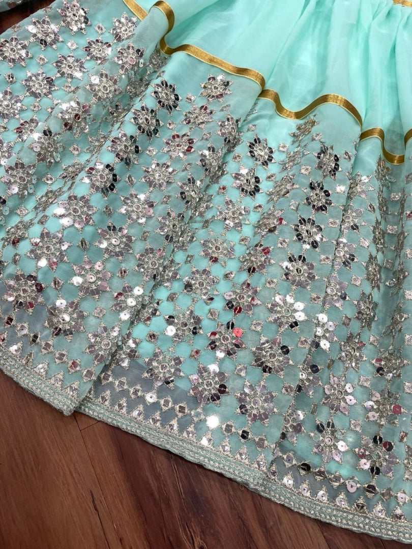 Sea green georgette heavy sequence work designer sharara suit with shrug