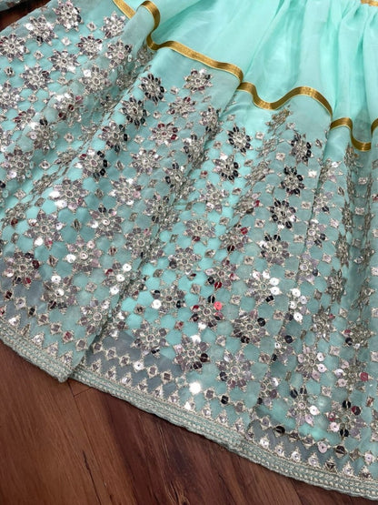 Sea green georgette heavy sequence work designer sharara suit with shrug