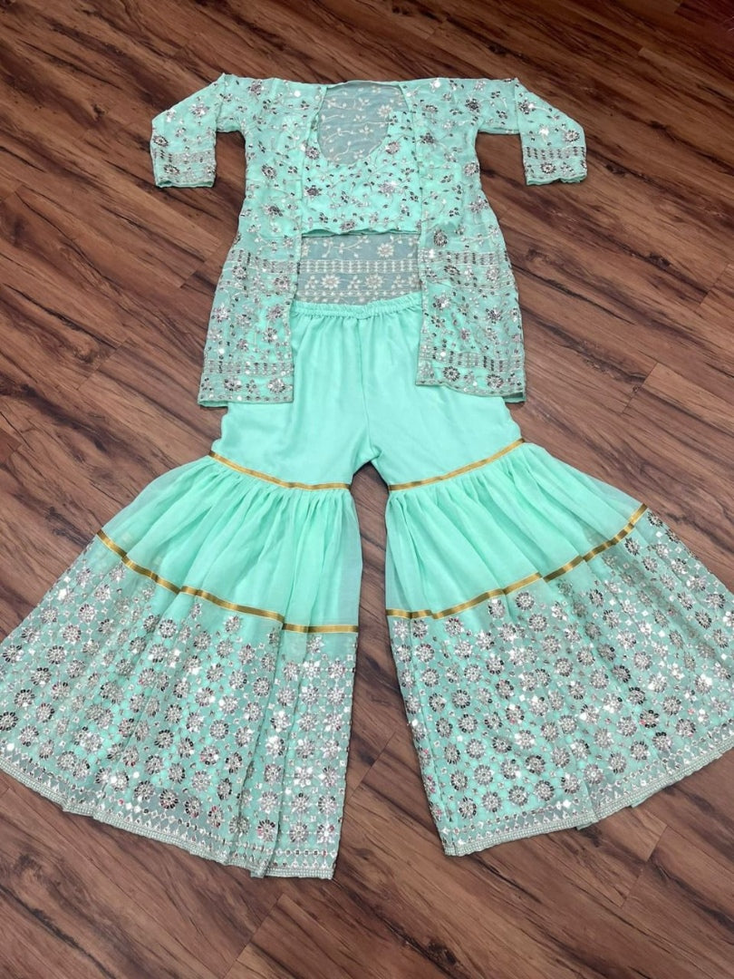 Sea green georgette heavy sequence work designer sharara suit with shrug