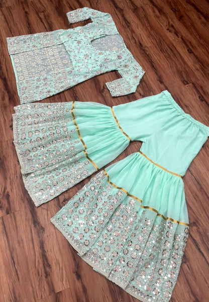 Sea green georgette heavy sequence work designer sharara suit with shrug