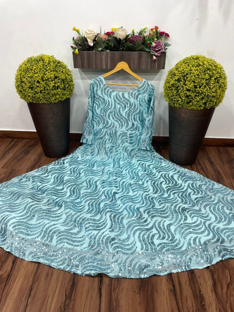Sea green georgette heavy sequence work gown
