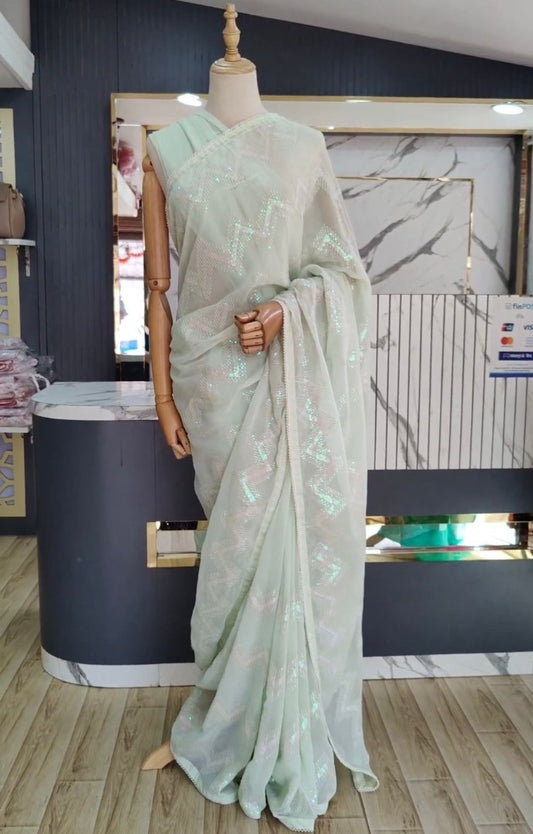 Sea green georgette heavy thread sequence work saree