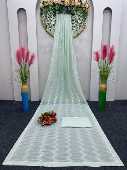 Sea green georgette heavy thread sequence work saree