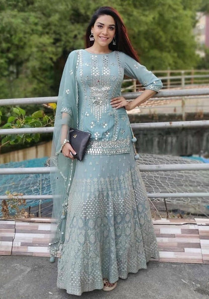 Sea green georgette paper mirror work plazzo suit