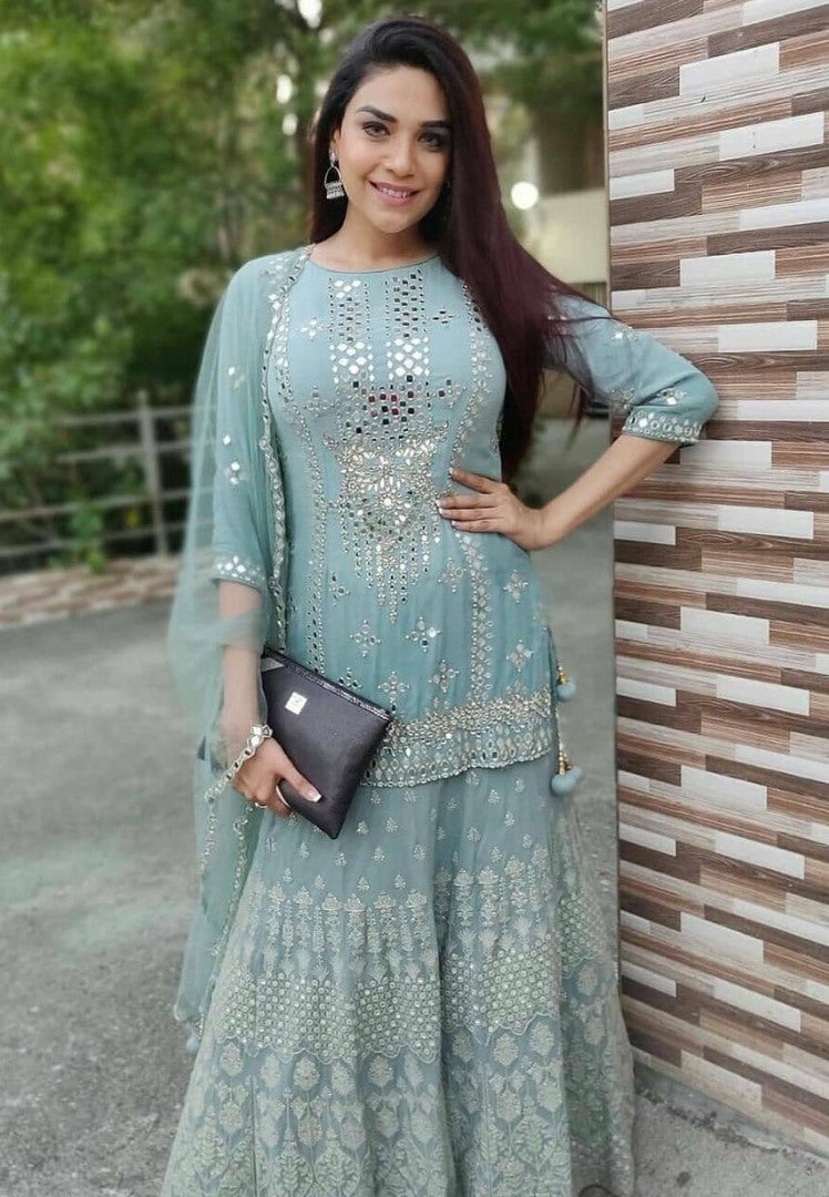 Sea green georgette paper mirror work plazzo suit