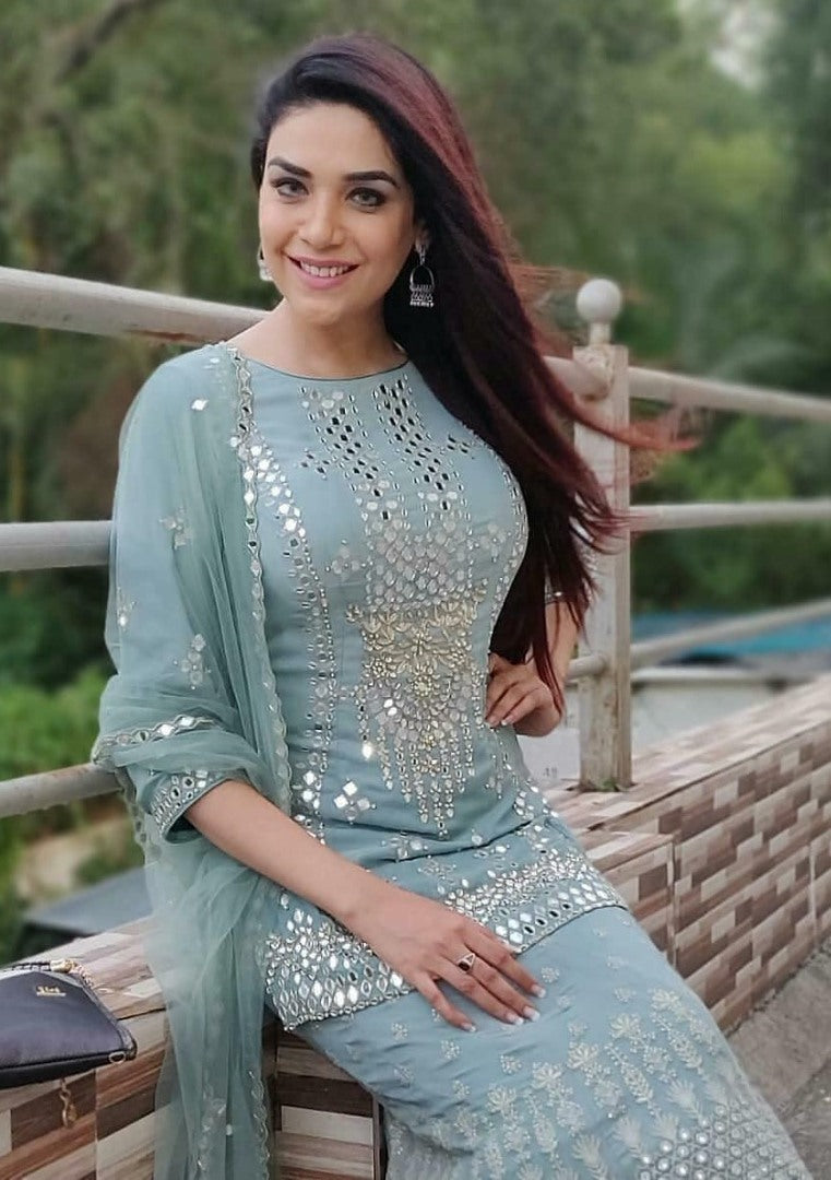 Sea green georgette paper mirror work plazzo suit