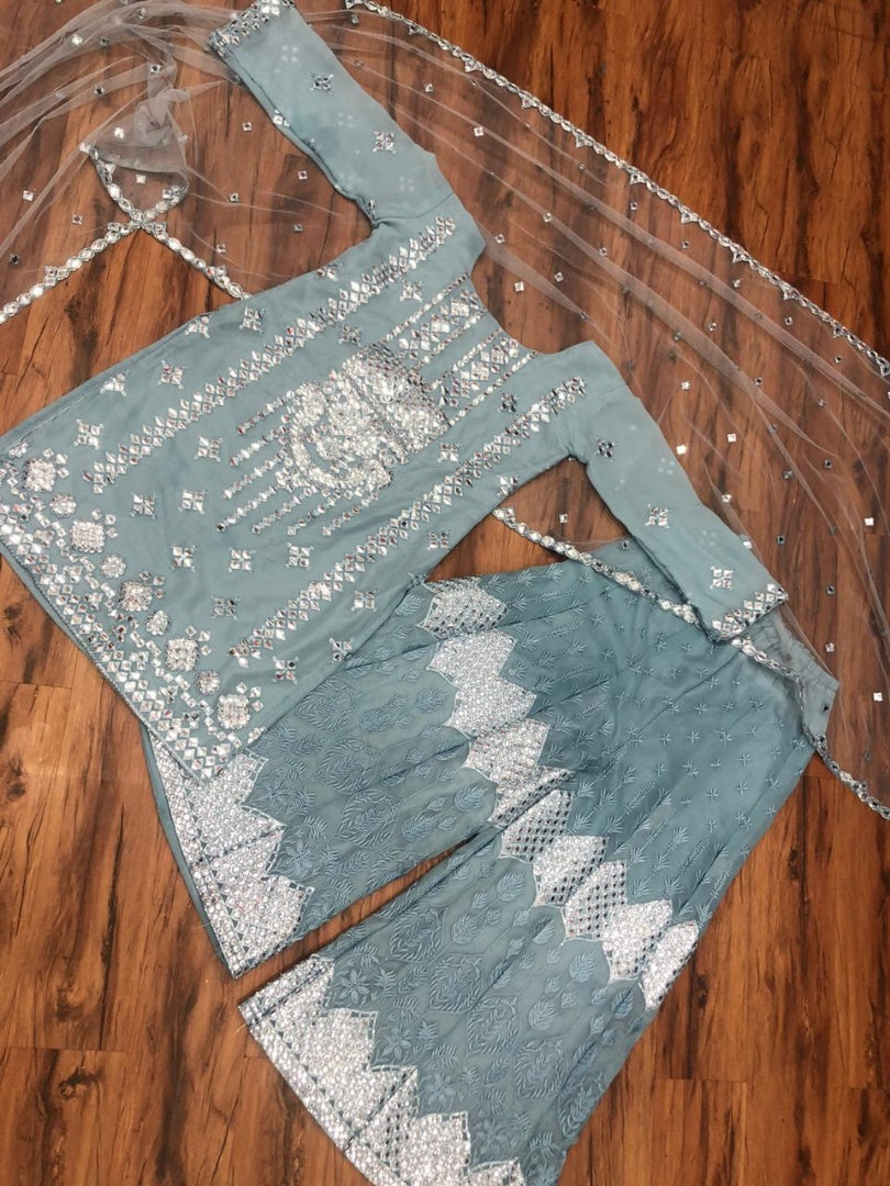 Sea green georgette paper mirror work plazzo suit
