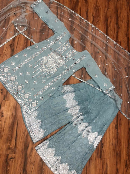 Sea green georgette paper mirror work plazzo suit