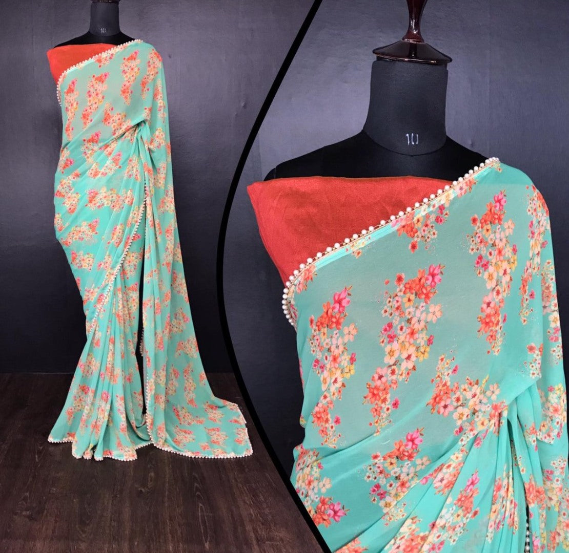 Sea green georgette pearl lace border floral printed work saree