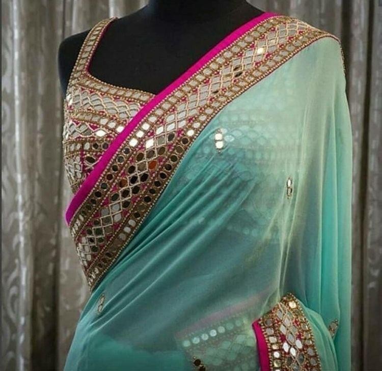 Sea green georgette real mirror work designer wedding saree