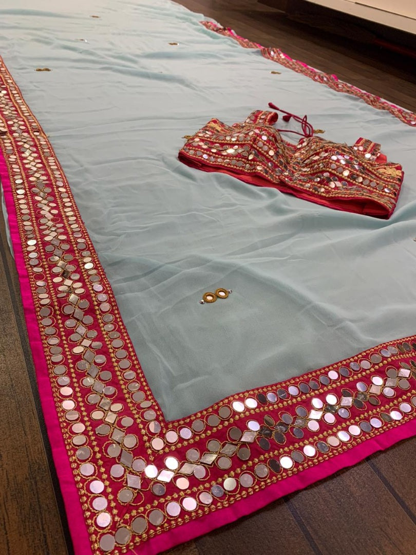 Sea green georgette real mirror work designer wedding saree