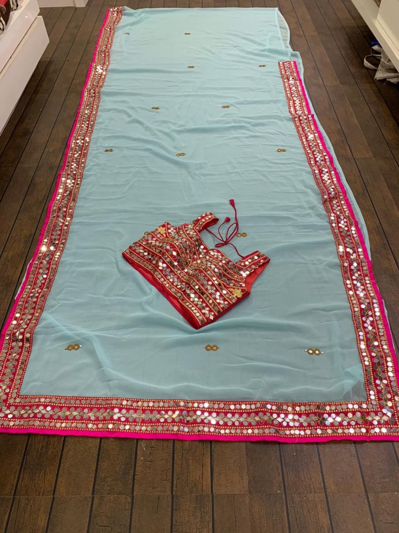 Sea green georgette real mirror work designer wedding saree