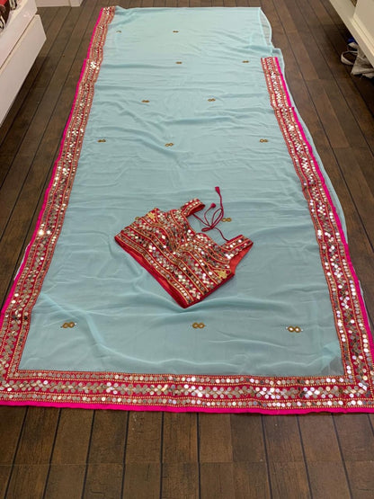 Sea green georgette real mirror work designer wedding saree